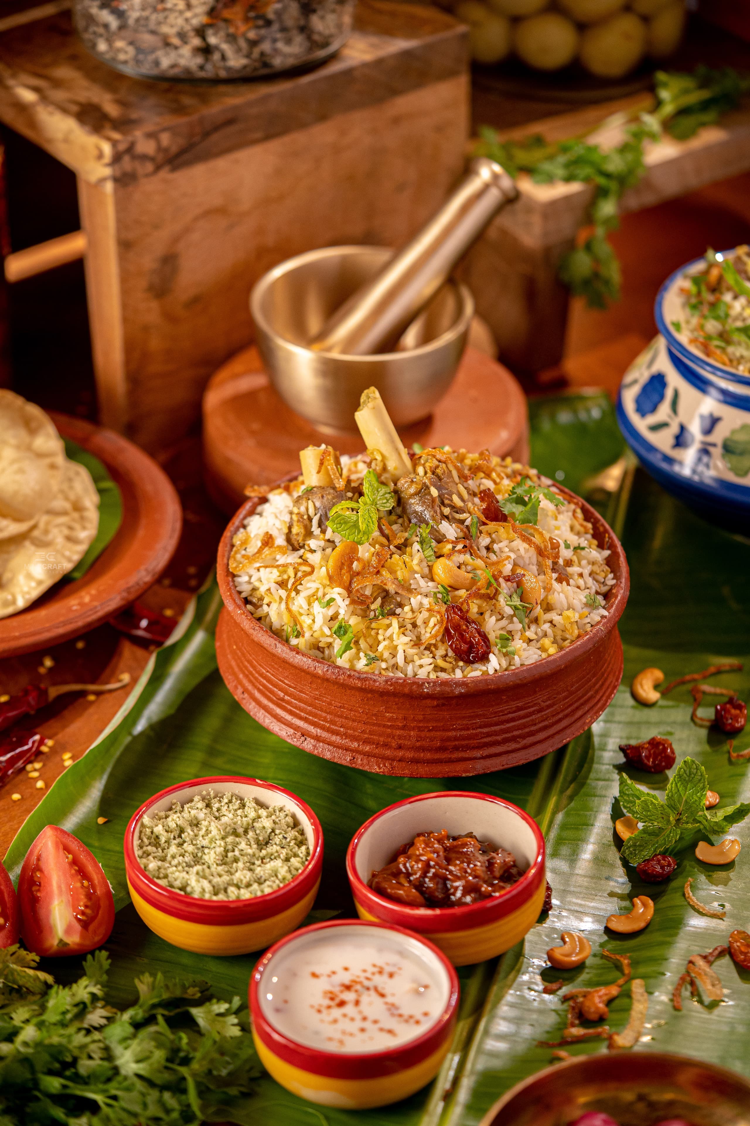 Mutton biryani in a clay pot with accompaniments on banana leaf