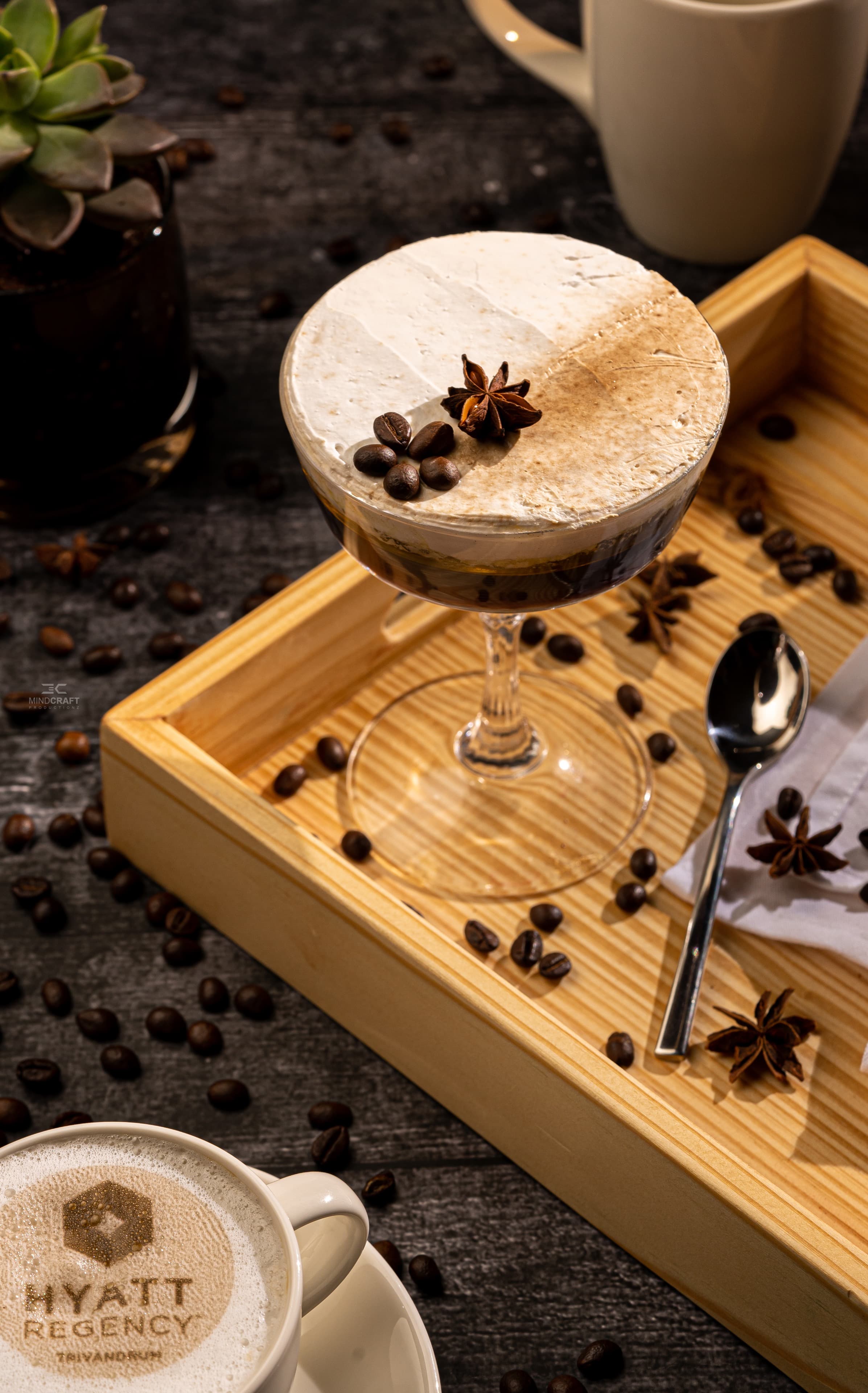 Espresso martini styled in low, dramatic light