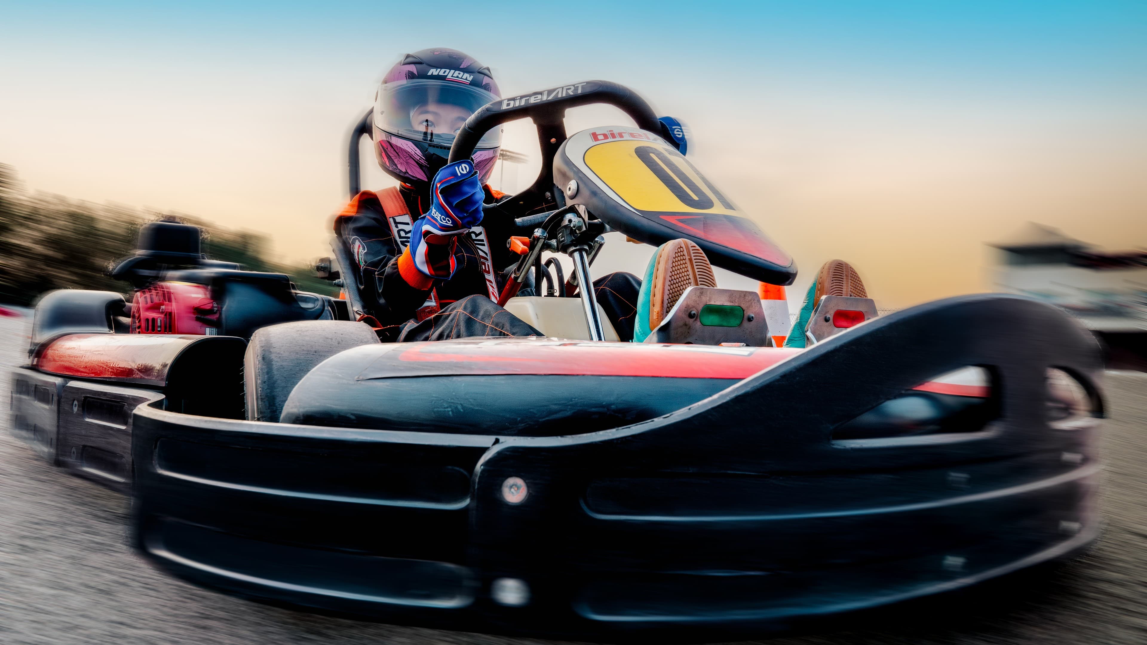 Kart driver photographed low and close